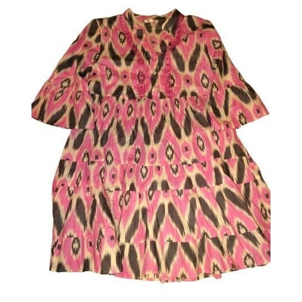 Debbie Katz South Beach Pink Ikat Tiered Dress 100% Cotton Boho Mini Medium